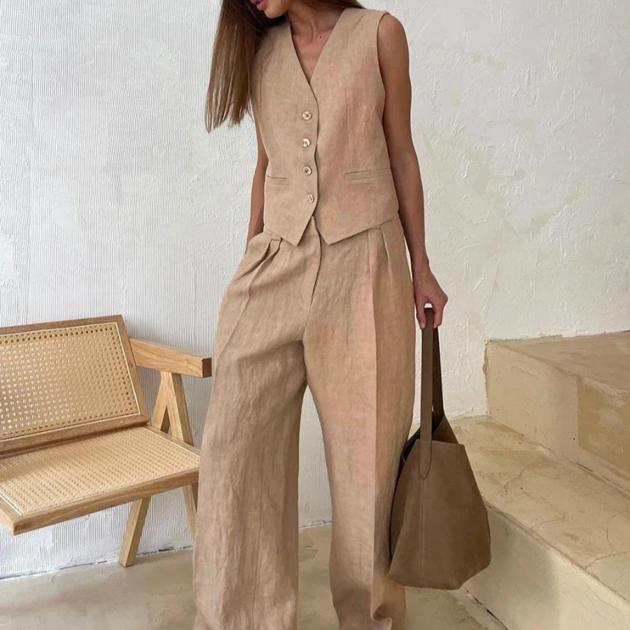 Women's Linen Cotton Vest and Wide-Leg Pants Set – 2-Piece Casual Summer Outfit with V-Neck Top and Elastic Waist Trousers