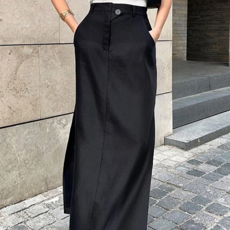Women's Vintage High Waist Split Long Skirt – Casual Cotton Blend Buttoned Maxi for Spring and Summer