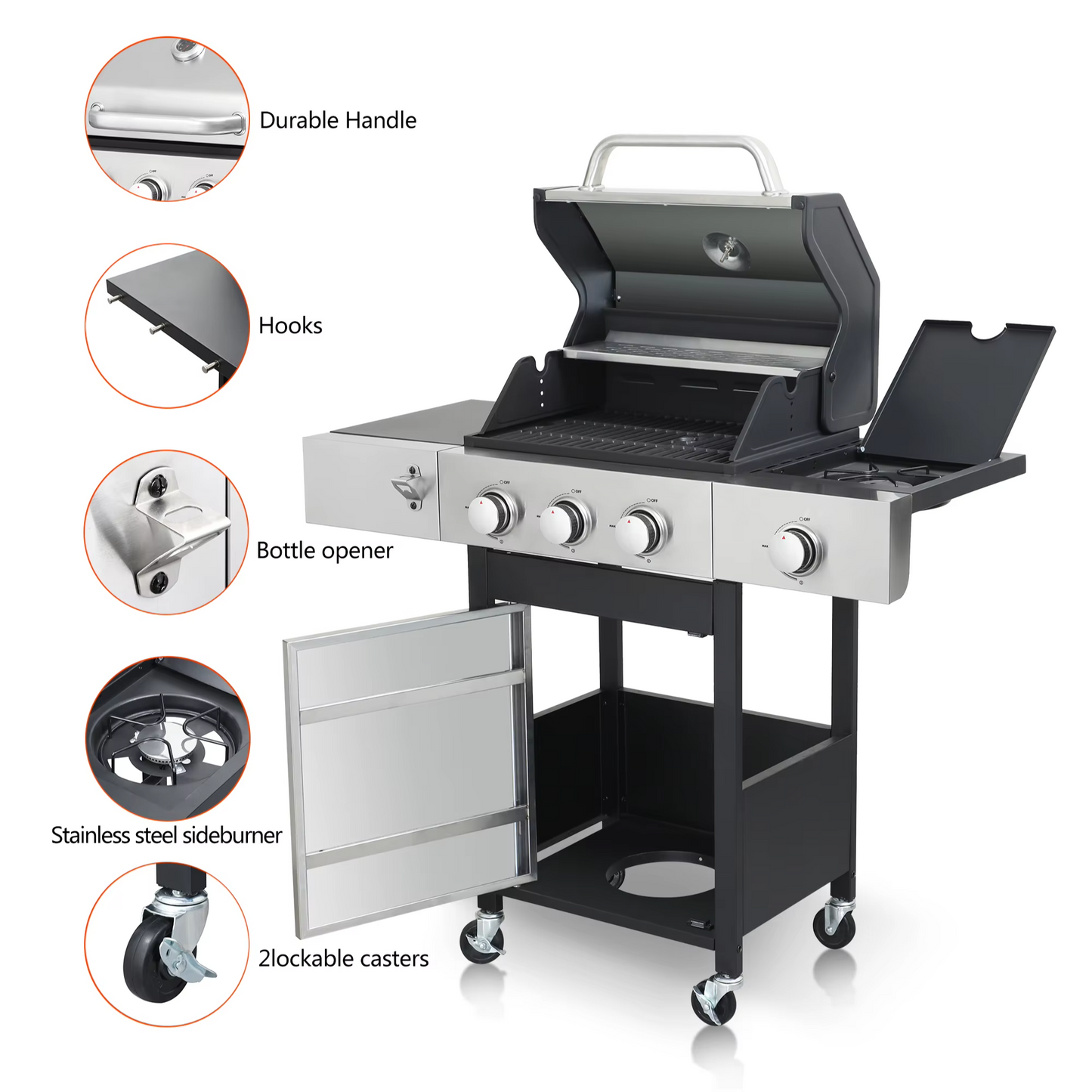 3-Burner Outdoor Gas BBQ Grill with Enameled Cast Iron Cooking Grids and Side Burner – Stainless Steel Barbecue for Patio and Backyard