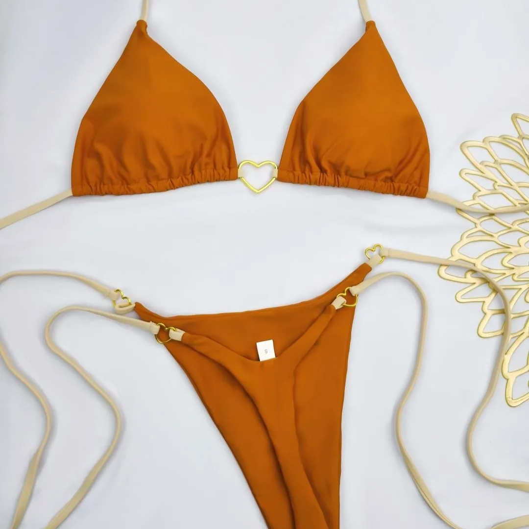 White Solid Color Lace-Up Bikini Set – Fashionable Low-Waist Two-Piece Swimsuit for Women, Wire-Free Summer Beachwear