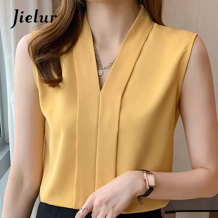 Women’s Sleeveless V-Neck Chiffon Tank Blouse – Elegant Solid Color Summer Top for Office & Casual Wear