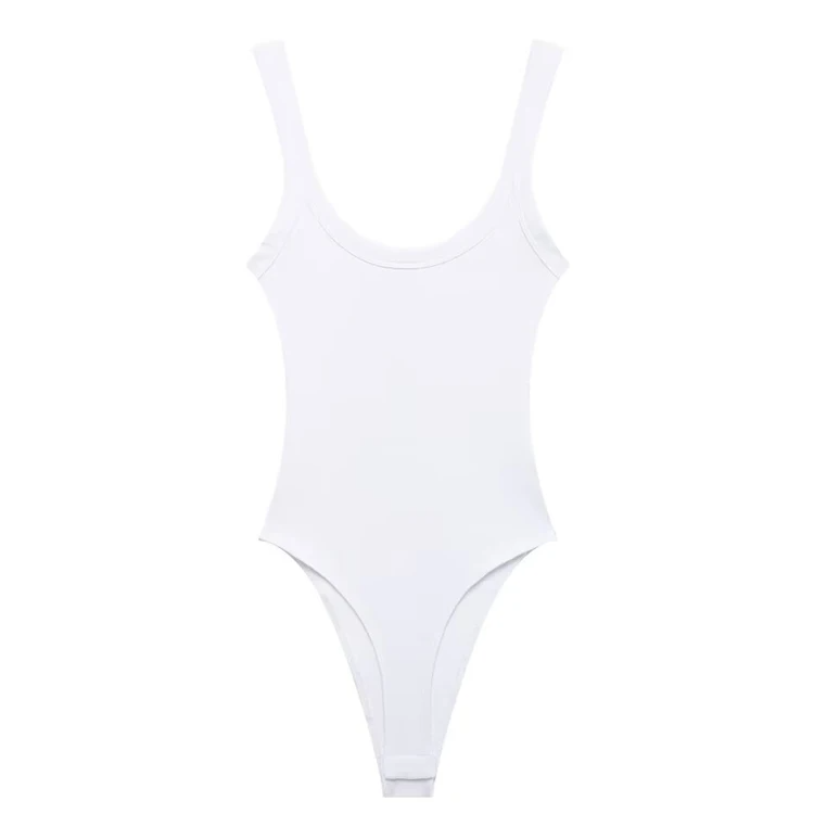 Skinny Ribbed Bodysuit for Women – O-Neck Strappy One-Piece with Snap Closure