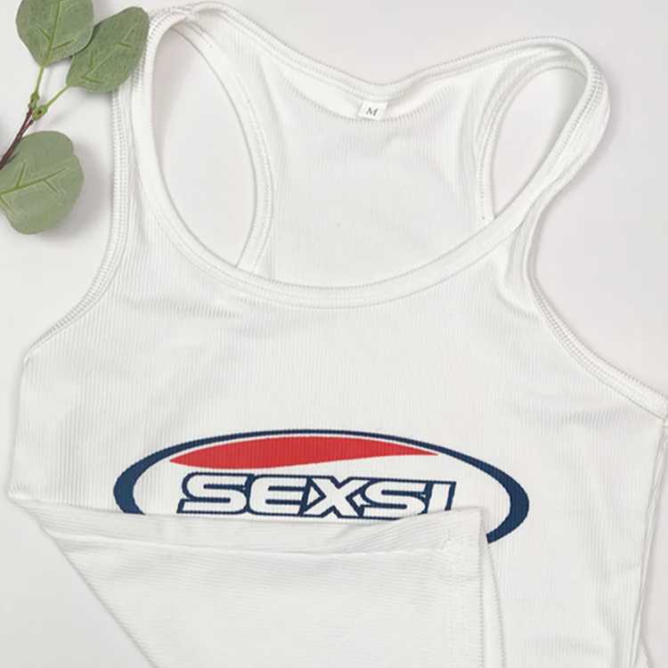 Women's Y2K White Letter Print Tank Top – Coquette Gyaru Style Thin Strap Crop Top for Summer High Street Fashion