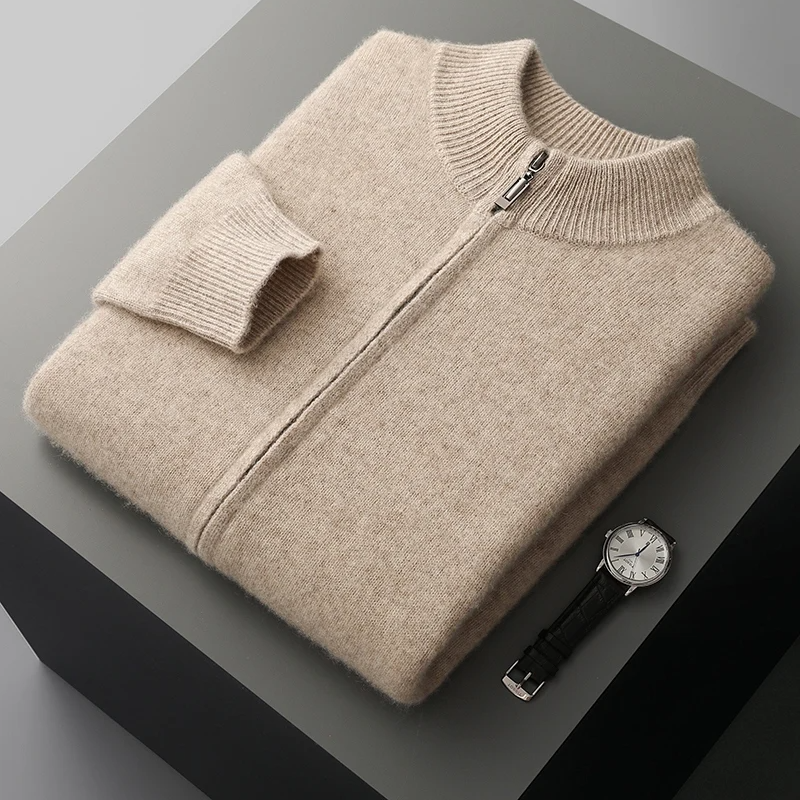 100% Merino Wool Men’s Zip Cardigan – Thick Warm Knitted Sweater with Mock Collar, Long Sleeve Casual Wool Top for Autumn & Winter