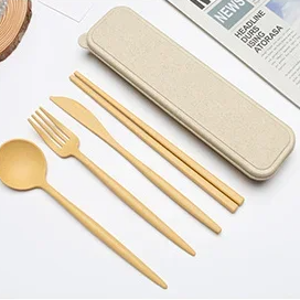 4PCS Portable Wheat Straw Cutlery Set – Spoon, Fork, Chopsticks with Storage Box for Travel & Daily Use