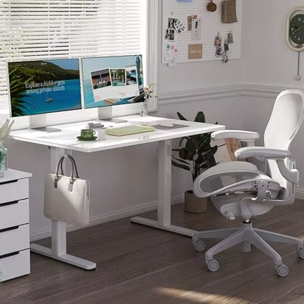 48-Inch Electric Standing Desk – Modern White Tempered Glass Top, Adjustable Height, Quick Assembly for Home or Office