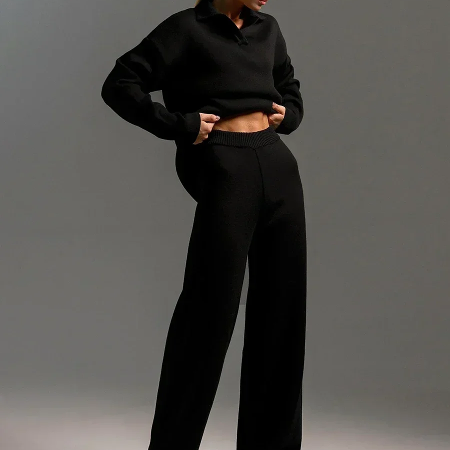Women's Winter 2-Piece Knit Set – Polo Neck Sweater and Wide Leg Pants Lounge Outfit for Cold Weather