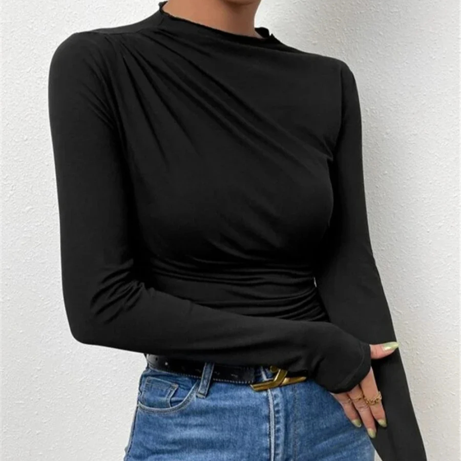 Women's Slim Fit Pleated Long Sleeve T-Shirt – Solid Color Base Layer for Autumn and Winter