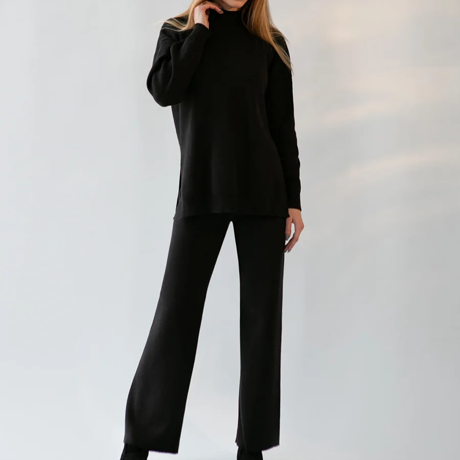 Women's Winter 2-Piece Knit Set – Soft Half Turtleneck Sweater and Wide Leg Pants Outfit for Cold Weather Comfort