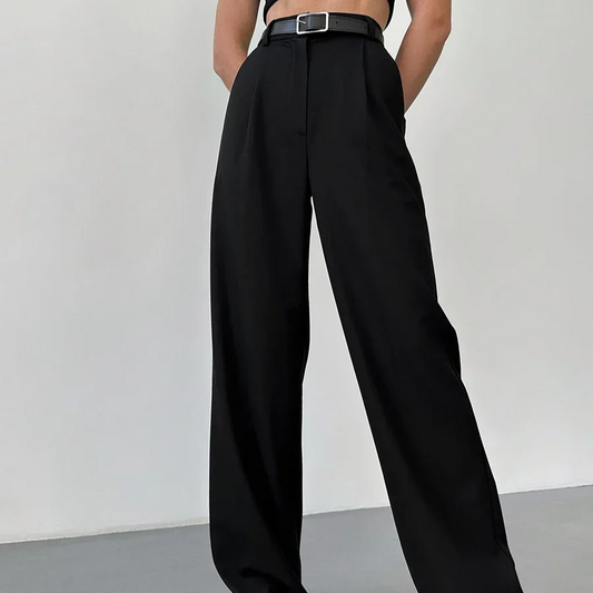 Women's High Waist Wide Leg Office Trousers – Pleated Full-Length Pants with Pockets for Work and Casual Wear