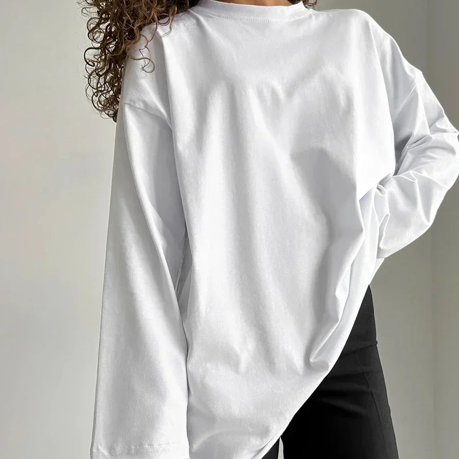 Women's Long Sleeve Cotton T-Shirt – Solid Color Casual Loose Fit Basic Top