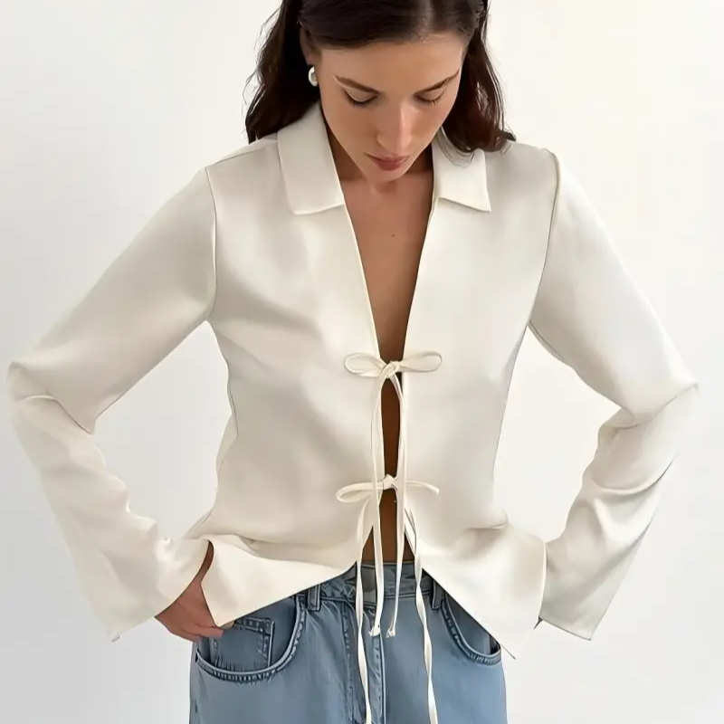 Solid Color Casual Chiffon Blouse – Long Sleeve Loose Fit Shirt with Bow Buttons for Women