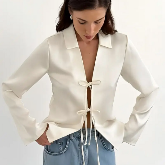 Solid Color Casual Chiffon Blouse – Long Sleeve Loose Fit Shirt with Bow Buttons for Women
