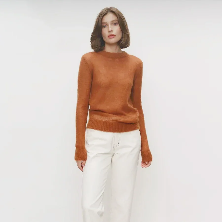 Slim Fit Round Neck Knit Sweater for Women – Long Sleeve Lightweight Pullover, Casual Chic Office Style for Spring and Autumn