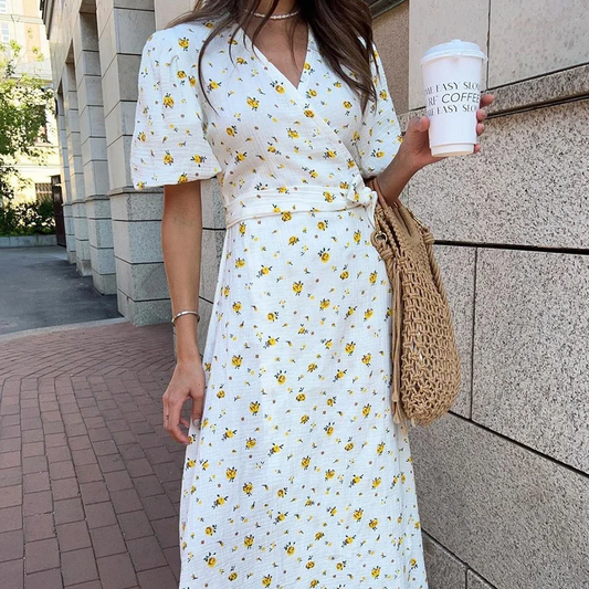 Women's Printed Cotton V-Neck Dress – Lace-Up Waist, Short Sleeve, Long Casual Summer Dress