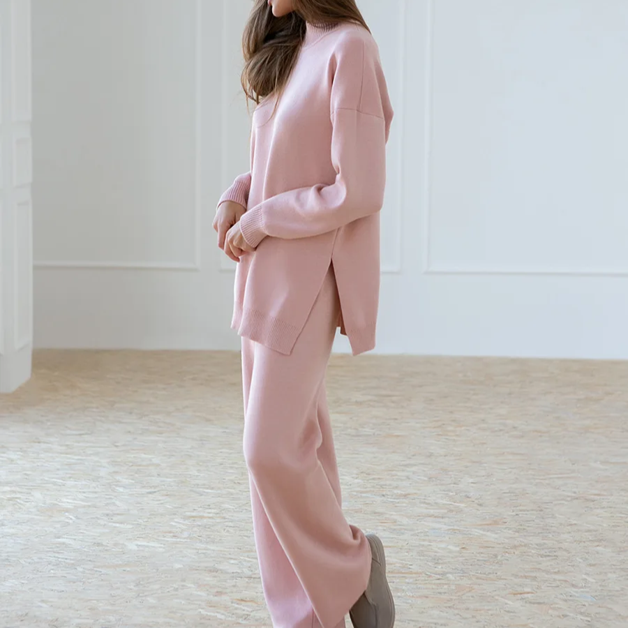 Women's Winter 2-Piece Knit Set – Soft Half Turtleneck Sweater and Wide Leg Pants Outfit for Cold Weather Comfort