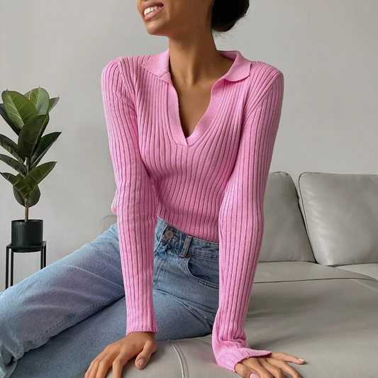 Slim Fit Polo Collar Knit Sweater for Women – Soft Ribbed Pullover Long Sleeve Autumn Winter Top