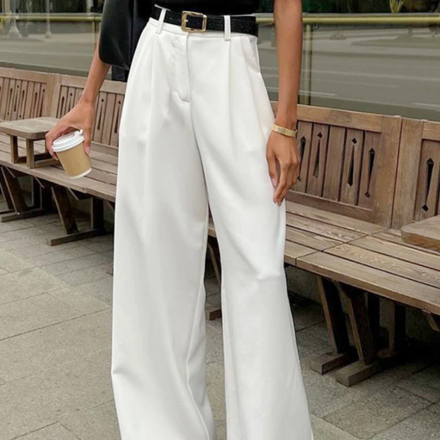 Women's White High-Waist Wide Leg Trousers – Casual Office Style Loose-Fit Pants