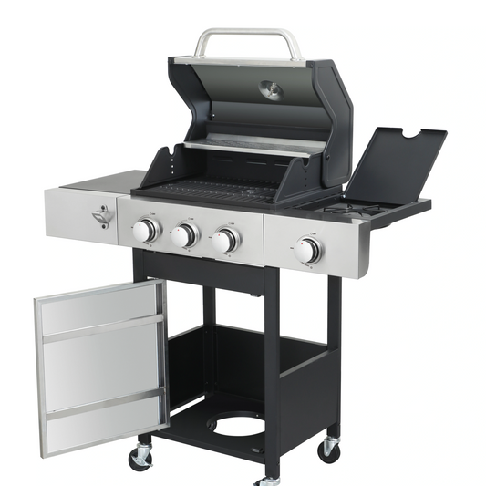 3-Burner Outdoor Gas BBQ Grill with Enameled Cast Iron Cooking Grids and Side Burner – Stainless Steel Barbecue for Patio and Backyard