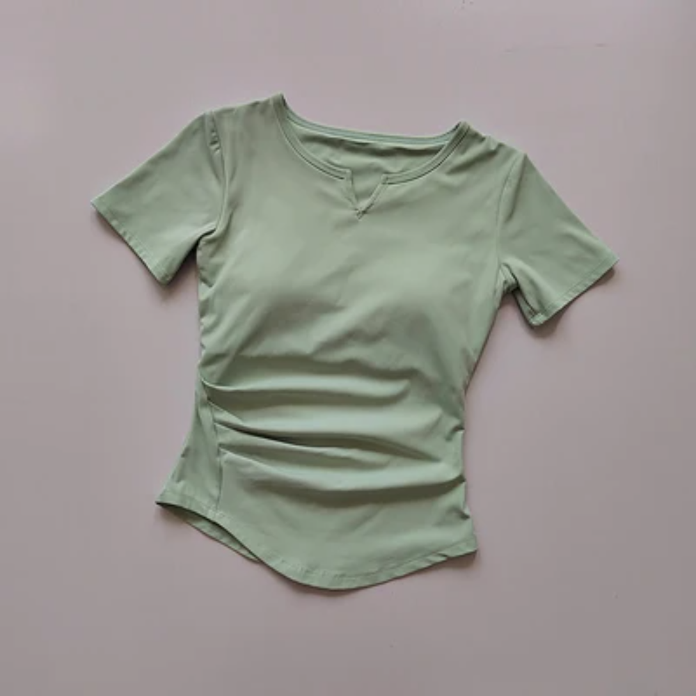 V-Neck Yoga Training Top – Women's Short Sleeve Tie-Front Gym Shirt with Built-In Bra