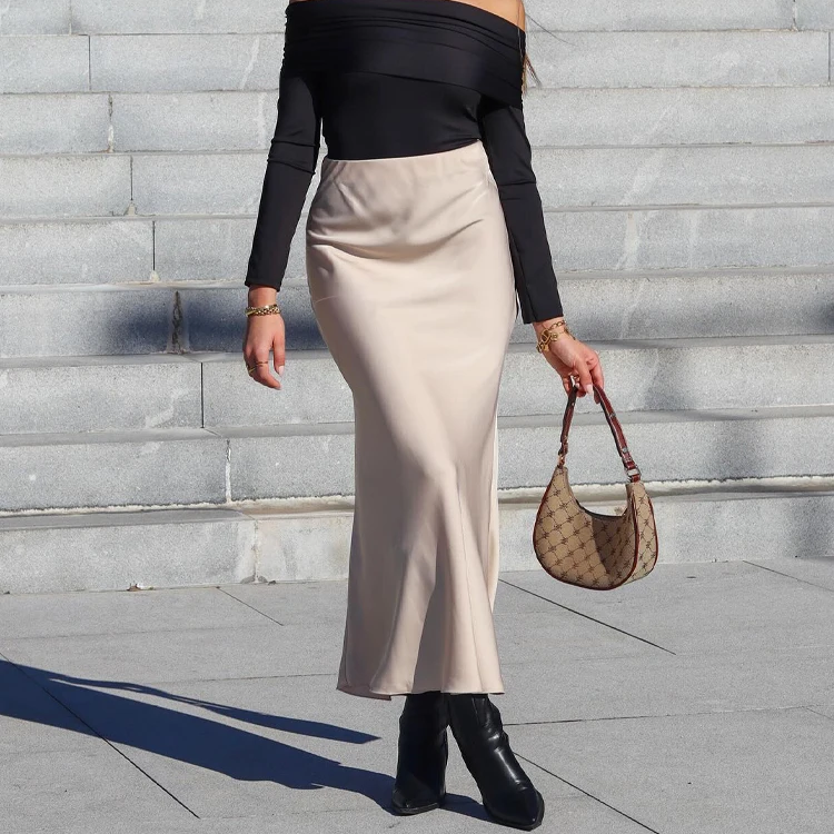 Solid Satin Mermaid Skirt – Women's Elegant Slim Fit Ankle-Length Beach Style Skirt