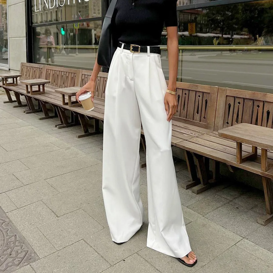 Women's White High-Waist Wide Leg Trousers – Casual Office Style Loose-Fit Pants