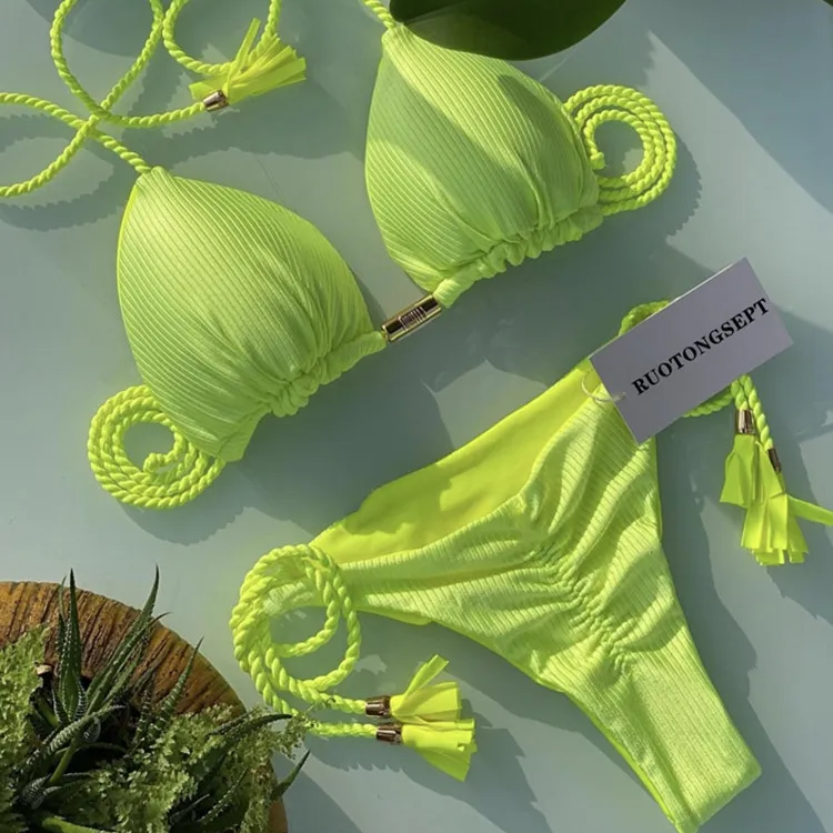 Women’s Solid Color Rope Bikini Set – Multicolor Two-Piece Swimsuit with Special Fabric, Wire-Free Beach Style Swimwear