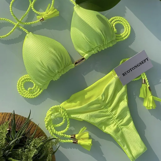 Women’s Solid Color Rope Bikini Set – Multicolor Two-Piece Swimsuit with Special Fabric, Wire-Free Beach Style Swimwear