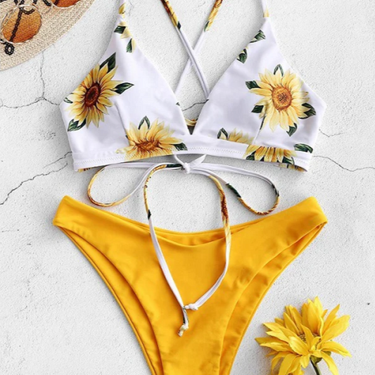 Sunflower Print Bikini Set – Sexy Push-Up Bandage Swimsuit for Women, Padded Low-Waist Biquini