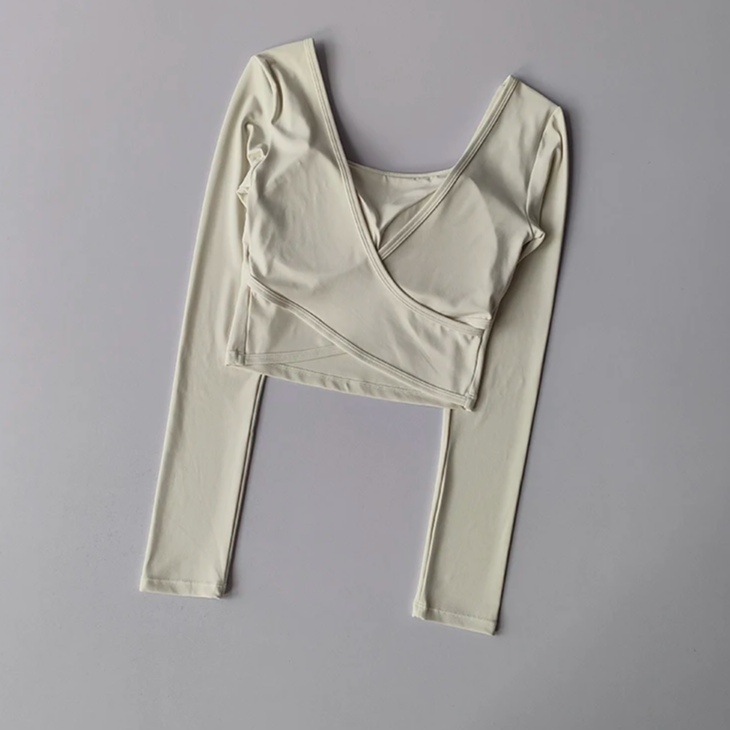 Women's Slim Fit Yoga Top – Long Sleeve Cross-Back Shirt with Fixed Chest Pads for Running & Fitness