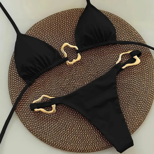 Sexy Solid Color Lace-Up Bikini Set – Two-Piece Wire-Free Swimsuit for Women, Split Design with Adjustable Straps