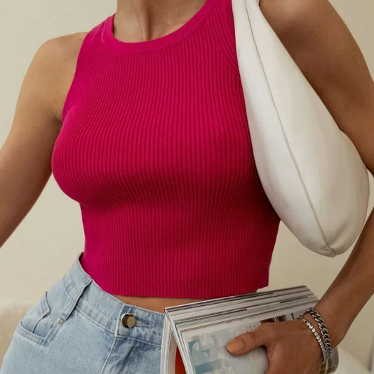Slim Ribbed Knit Tank Top for Women – Sleeveless Cropped Vest with O-Neck, High Stretch Fit, Casual Summer Style