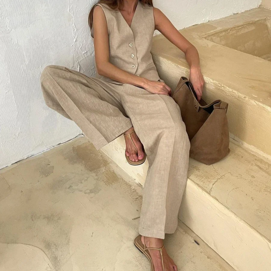Women's Linen Cotton Vest and Wide-Leg Pants Set – 2-Piece Casual Summer Outfit with V-Neck Top and Elastic Waist Trousers
