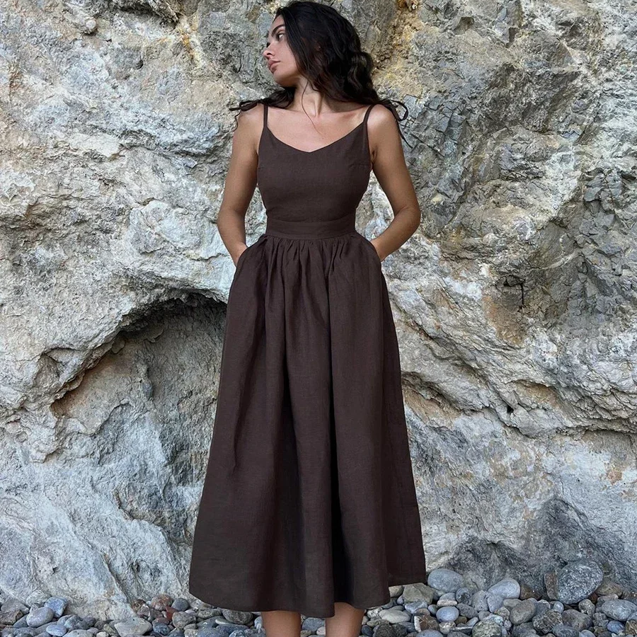 Women's V-Neck Cotton A-Line Beach Dress – Sleeveless Vintage Fit and Flare Sling Dress for Spring and Summer