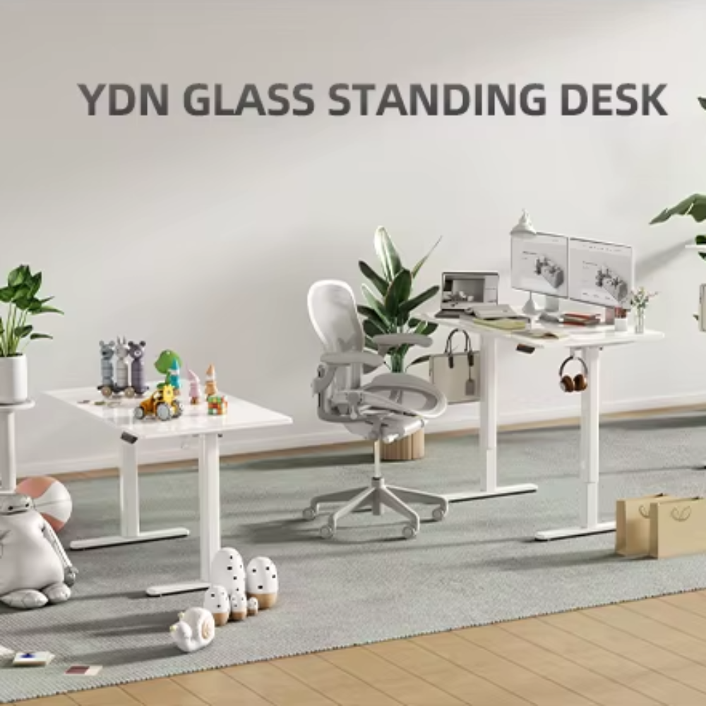 48-Inch Electric Standing Desk – Modern White Tempered Glass Top, Adjustable Height, Quick Assembly for Home or Office