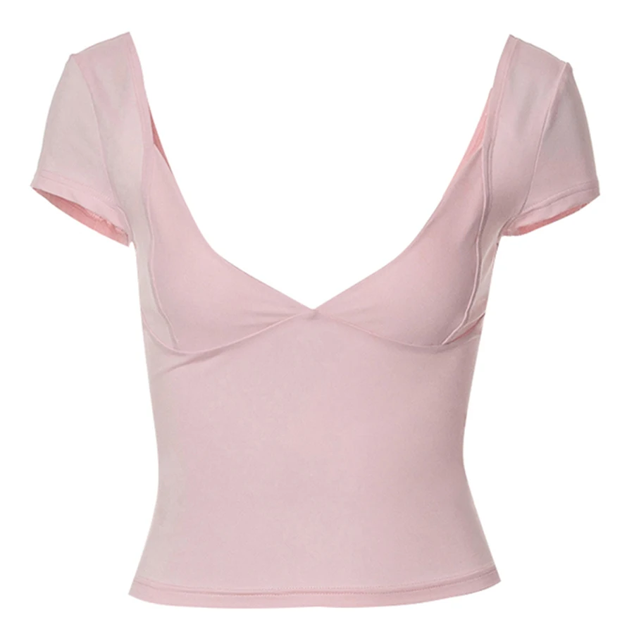 Women's Y2K Fairycore V-Neck Crop Top – Slim Fit Low Cut Short Sleeve T-Shirt for Summer Streetwear and Coquette Style