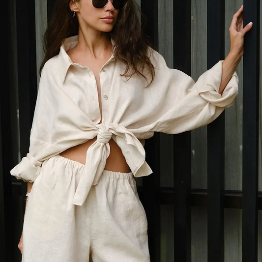 Women's 2-Piece Cotton Shorts Set – Casual Lapel Shirt with Lantern Sleeves & Elastic Waist Shorts, Summer Lounge Outfit