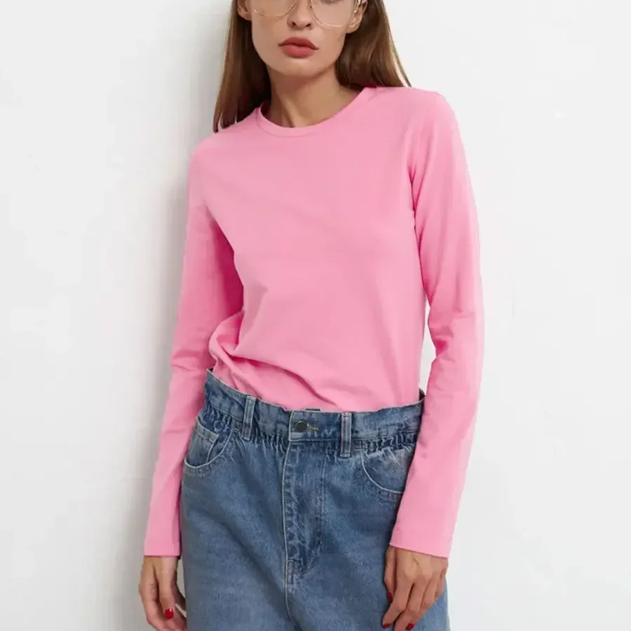 Women's 100% Cotton Long Sleeve Oversized T-Shirt – Loose Basic Solid Top for Spring and Autumn Casual Wear