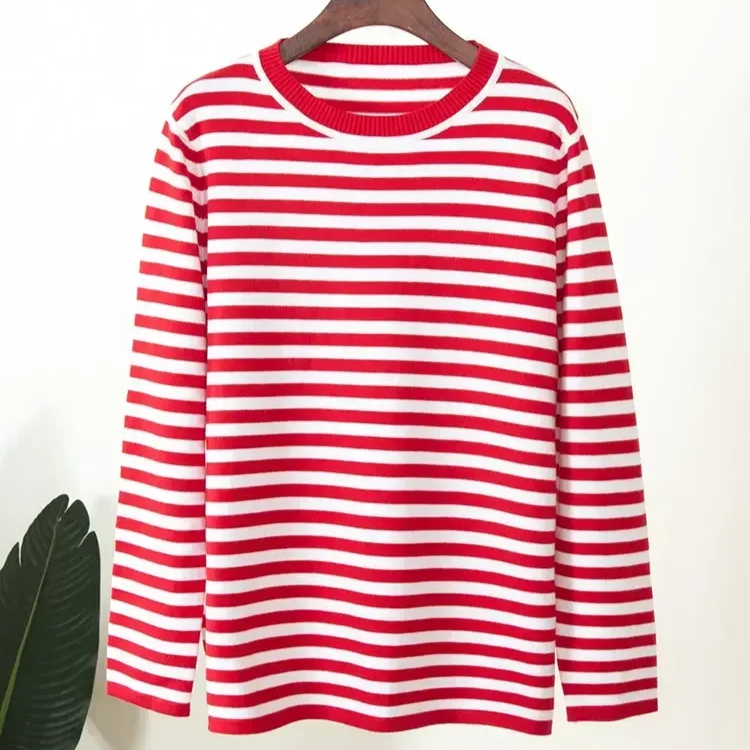 Women's Knitted Striped Sweater – Loose Fit Warm Thick Pullover with Long Sleeves for Autumn and Winter
