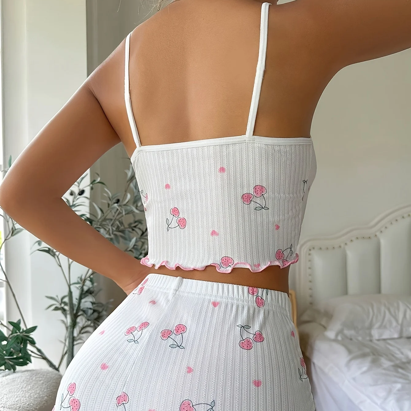 Women's Sexy Heart Print Pajama Set – Ribbed Bow Crop Cami Top & Shorts Summer Nightwear