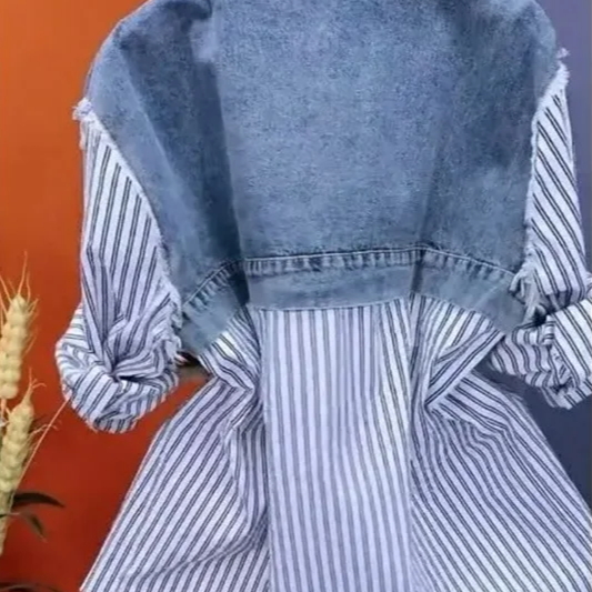 Women's Fake Two-Piece Denim Shirt Jacket – Casual Striped Patchwork Button Down Top with Short Sleeves