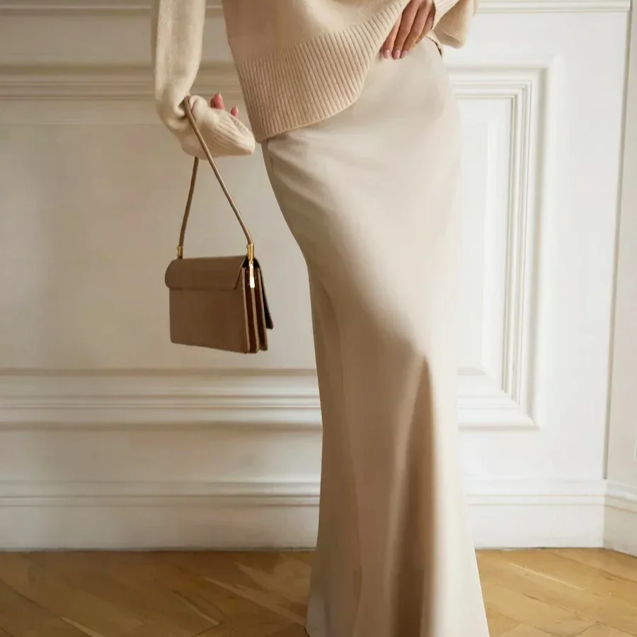 Women's Satin Fishtail Maxi Skirt – High Waist Loose Fit Elegant Trumpet Silhouette for Spring and Summer Casual Fashion