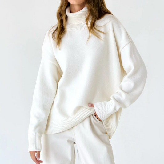 Women's Oversized Turtleneck Sweater – Solid Knit Pullover with Loose Fit and Full Sleeves for Autumn and Winter