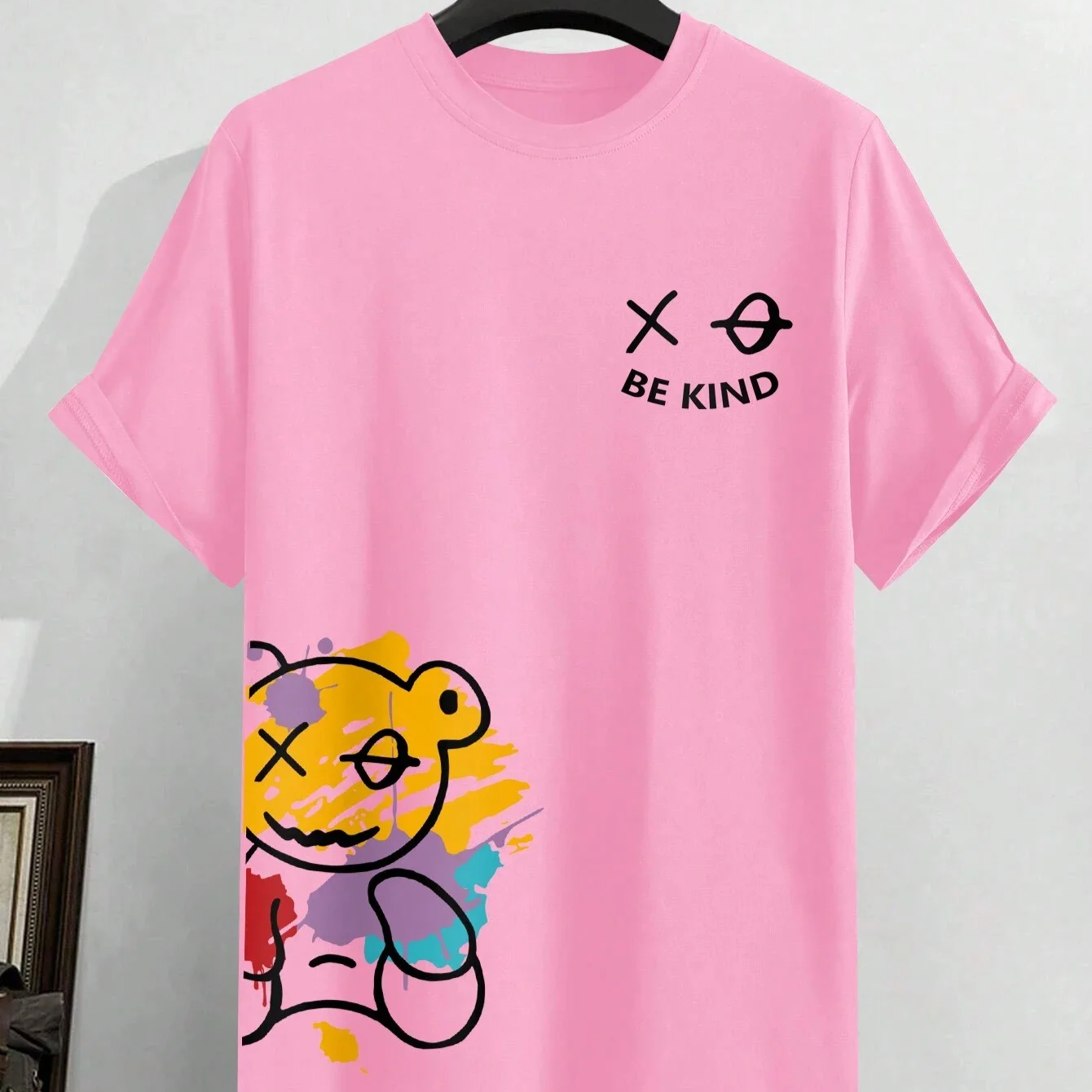 BE KIND Letter Cartoon Print Cotton T-Shirt – Men's Loose Fit Summer Short Sleeve Casual Tee