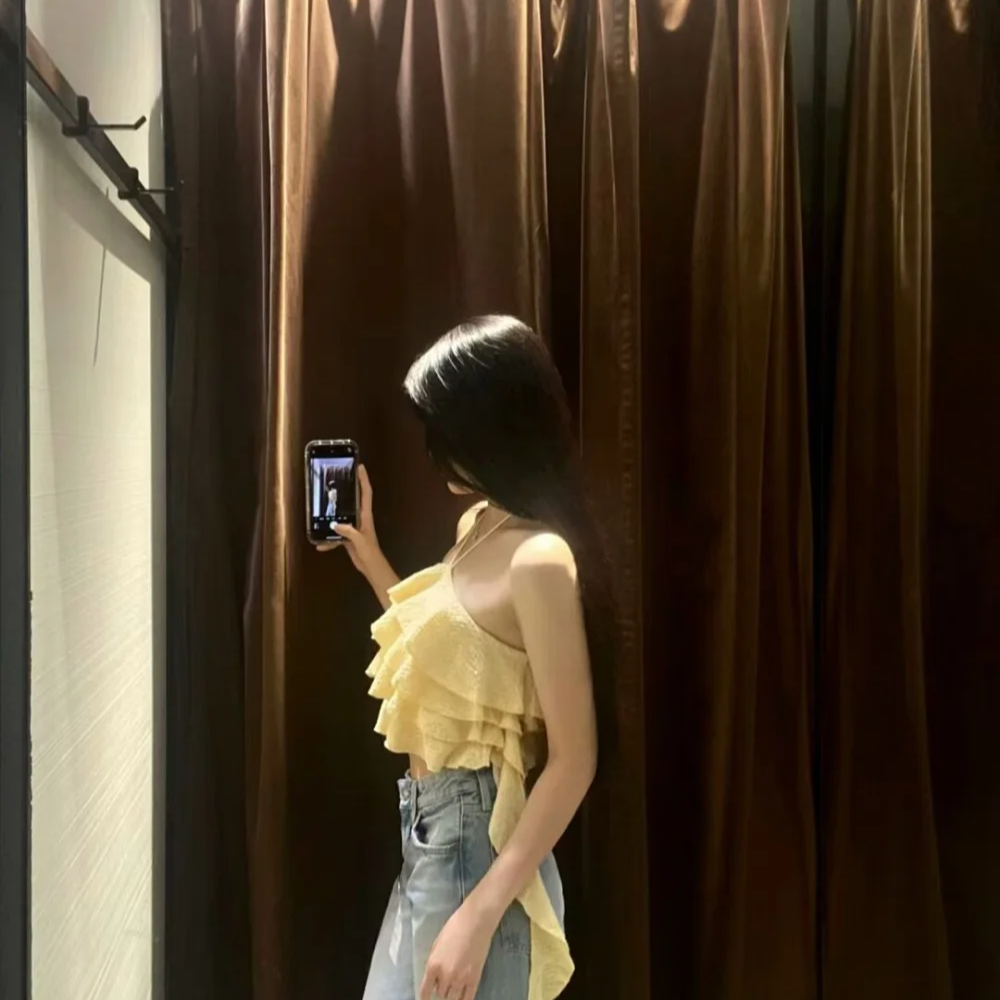 Summer Women's Yellow Textured Ruffle Halter Crop Top with Streamers