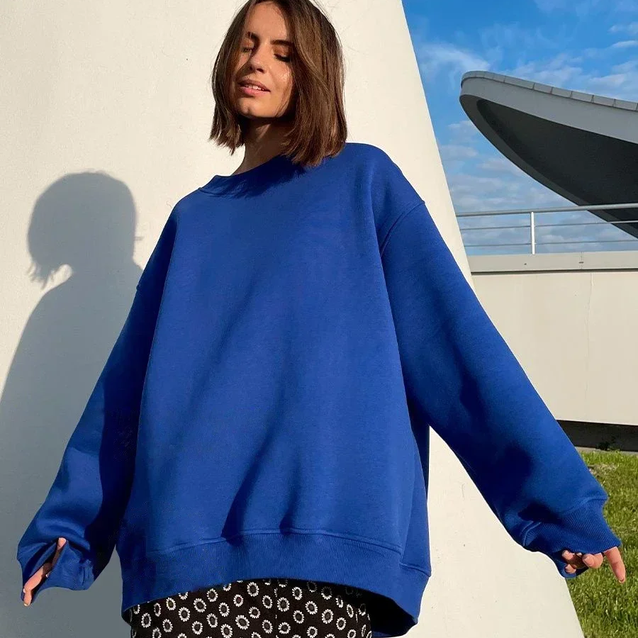 Women's Oversized Fleece Pullover Sweatshirt – Warm Thick Casual Long Sleeve Top for Autumn and Winter Streetwear