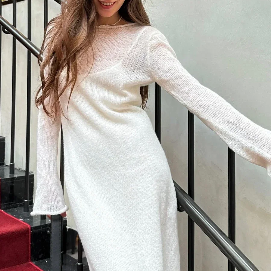 Chic Knitted Two-Piece Dress Set for Women – Long O-Neck Sweater & Camisole Skirt Ensemble