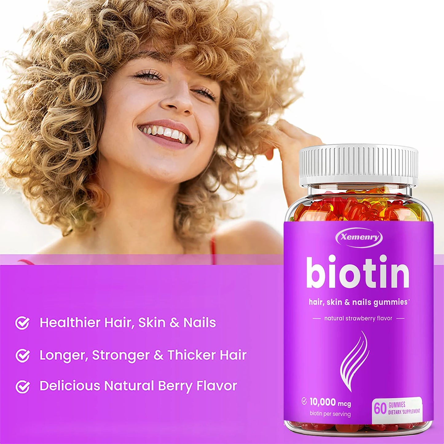 Biotin Gummies 10,000mcg – Hair, Skin, Nail & Joint Support – 60 Delicious Vegan Gummies