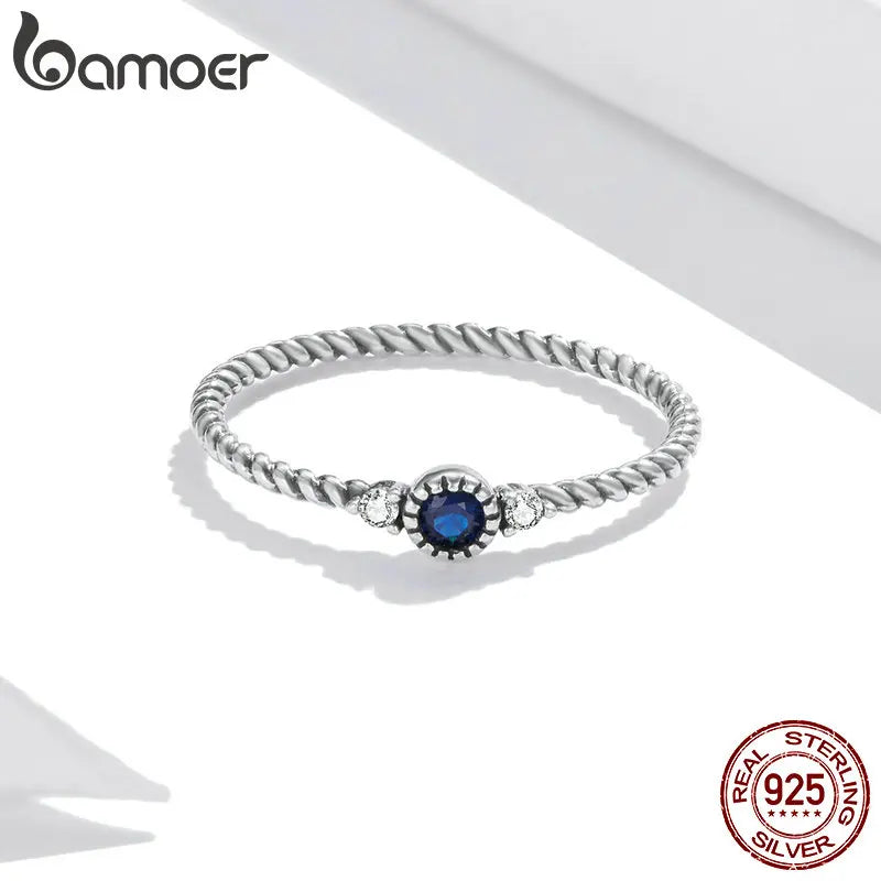Sterling Silver Retro Blue Zircon Ring – 925 Silver Round-Cut Wedding Band for Women