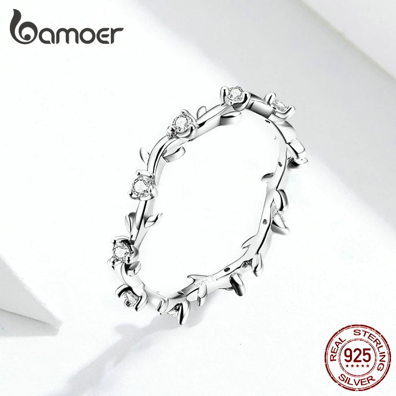 Sterling Silver Stackable Flower Branch Vine Ring – CZ Statement Band for Women